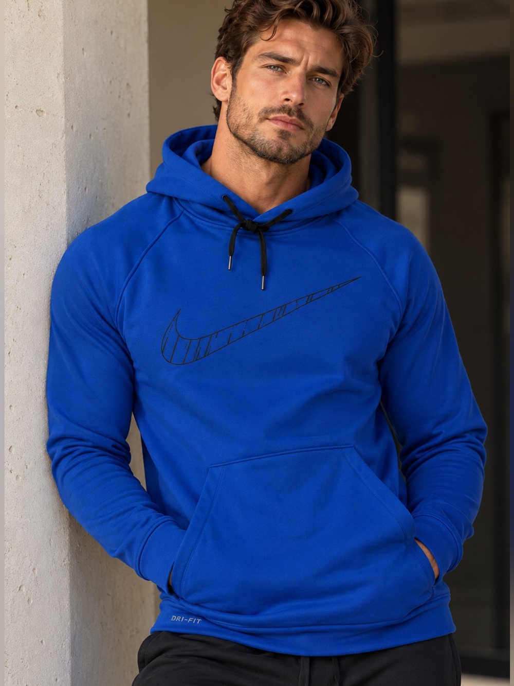 Nike Men's Royal Blue Pullover Hoodie with Black Swoosh - Size Medium